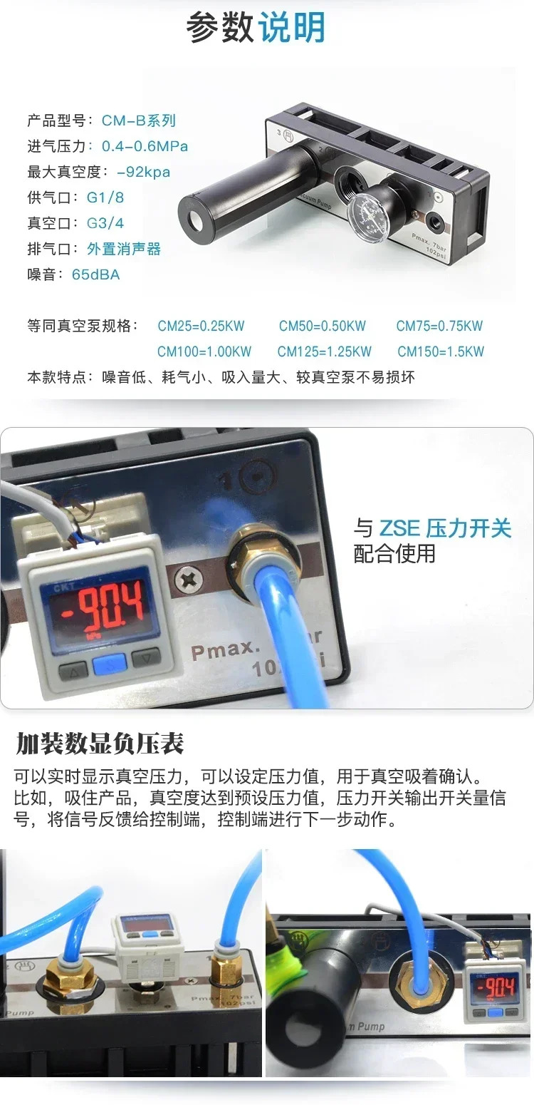 PIAB 다단계 진공 발생기 공압식 대유량 흡입 펌프 cm25/100/125/150Bc