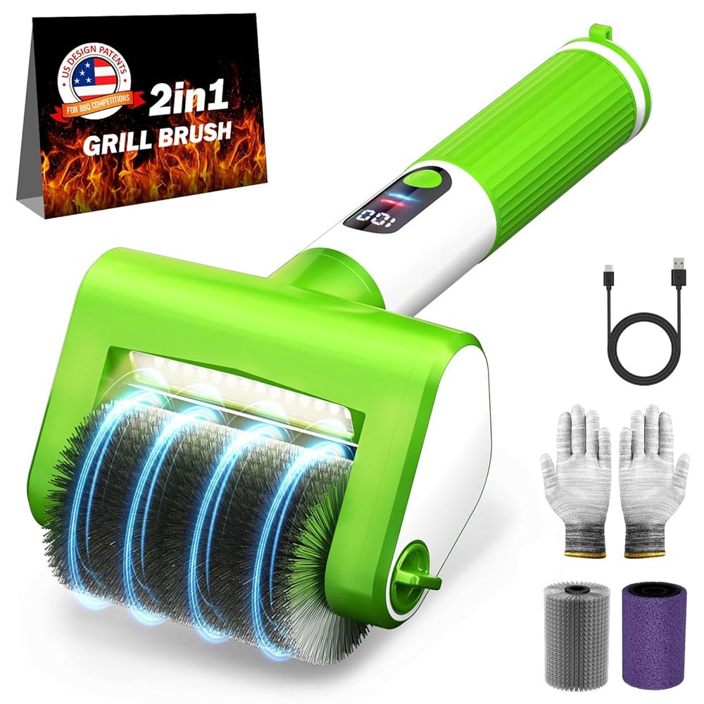 VYTOOV 전기 그릴 브러시, LED 조명이 있는 2단 BBQ 브러시 / 화면 강력 청소 800RPM 4000mAh 헤드 2개, 충전식 브리스 배출 없는 가벼운 청소기 야외/캠핑 - 상품 이미지