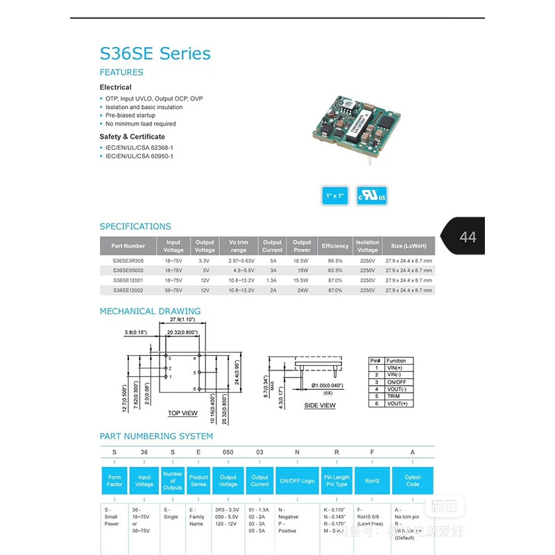 교체DELTA S36SE12001NRFB S36SE12001NRFR 17W 1.3A 12V DC24S1215