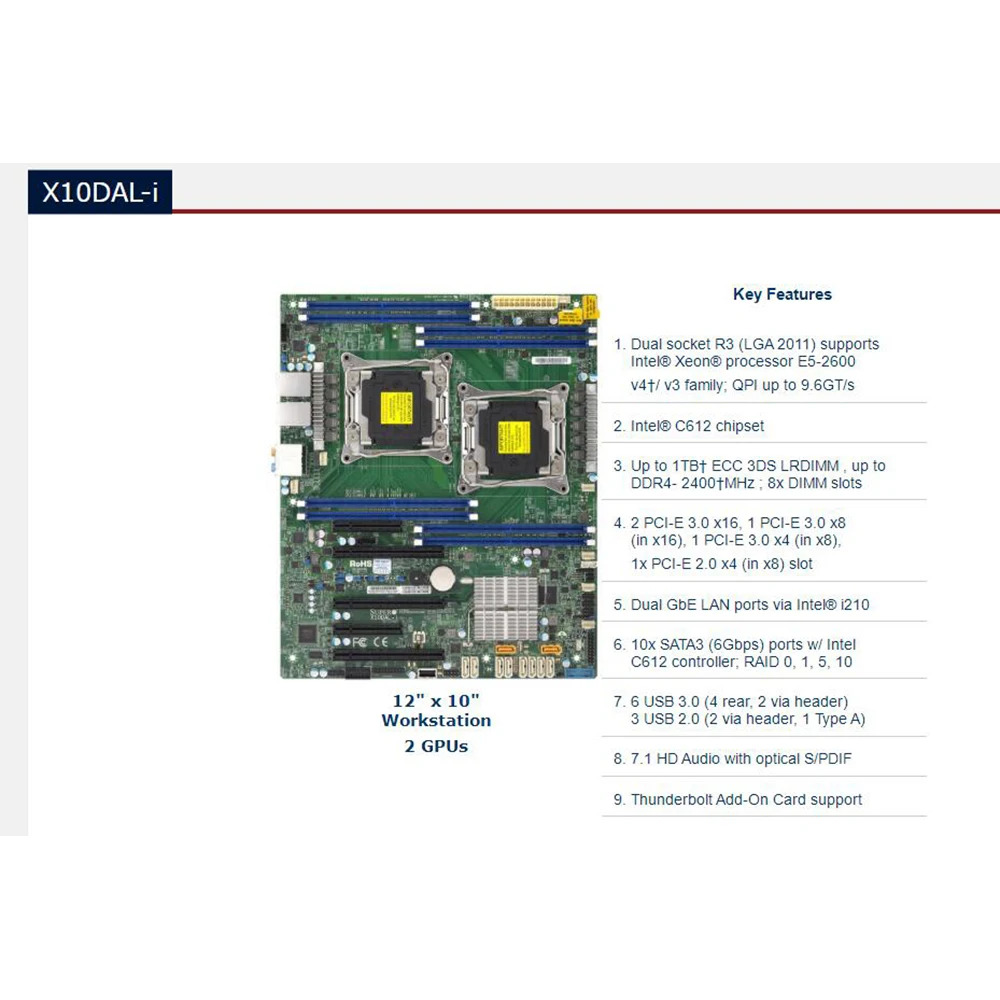 Supermicro 워크스테이션 마더보드 LGA2011 E5-2600 v4/v3 군 프로세서 SATA3 DDR4 X10DAL-i