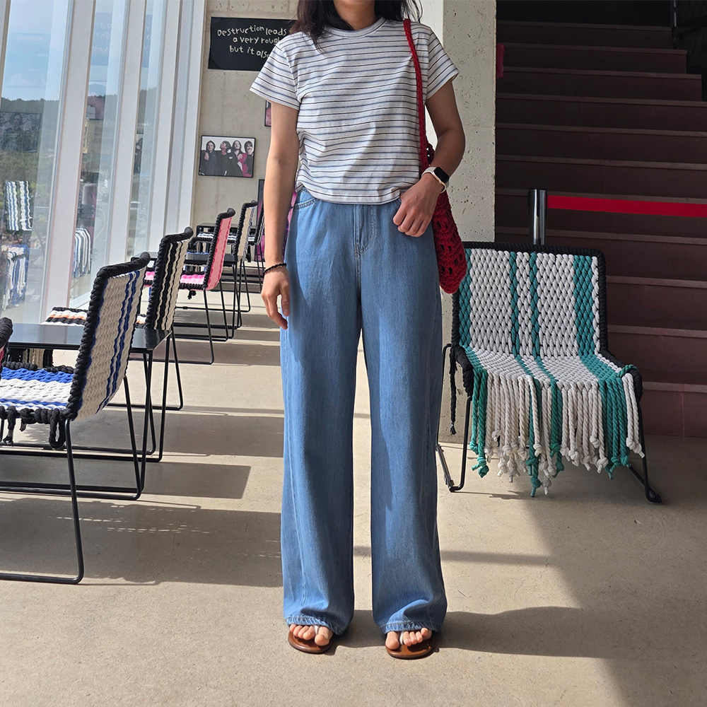 후둘후둘 루즈핏 여름청바지 밴딩 진청 연청 데님 팬츠 밴딩 절개 키작녀청바지 이미지 7
