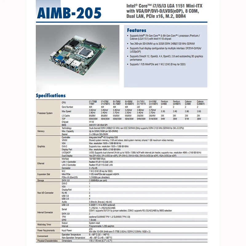 어드밴텍 임베디드 Mini-ITX 마더보드 H110 산업컴퓨터 AIMB-205G2 AIMB-205G2-00A1E원본