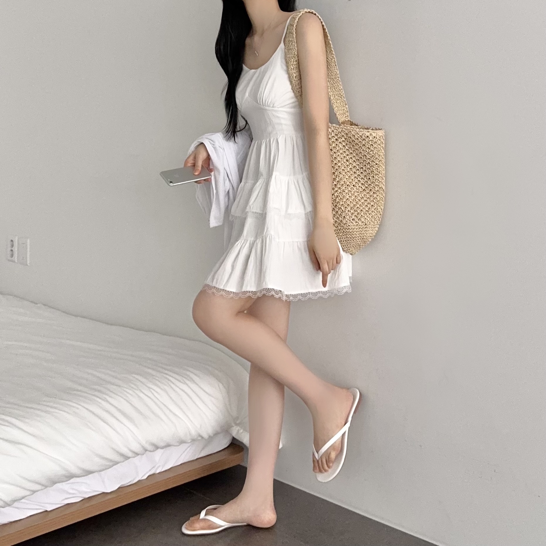 스퀘어넥 캉캉 플레어 A라인 레이어드 여리핏 나시 미니 원피스 - 상세 이미지 4