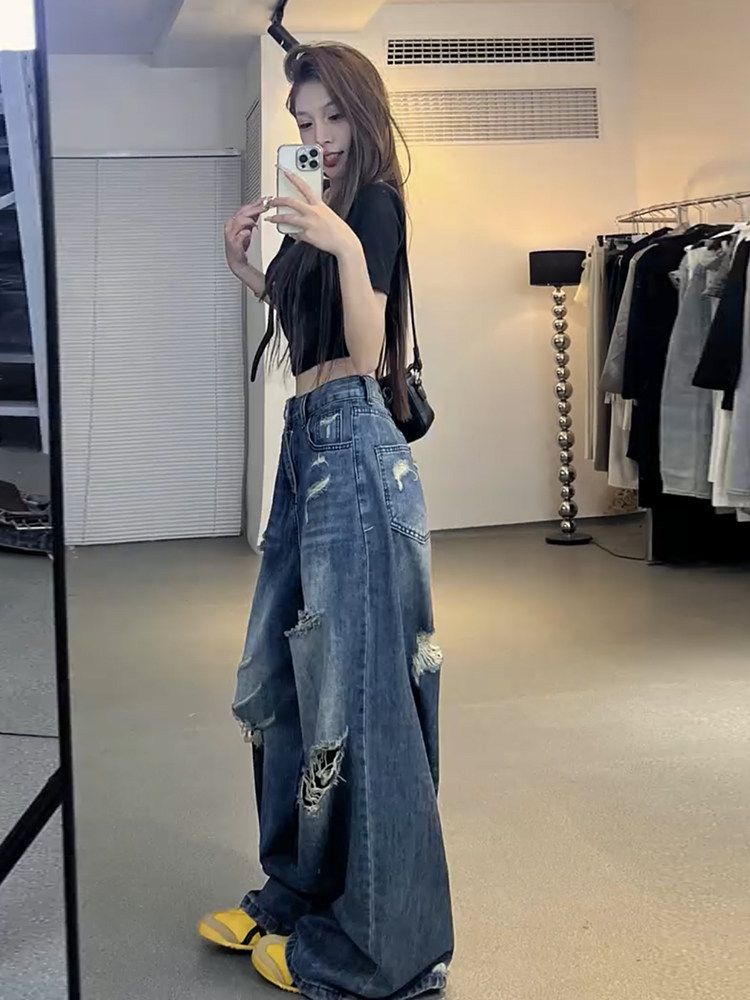 청바지 여성 스판 슬랙스 데님 일자 빅사이즈 바지 여름 밴딩 플레어 팬츠 와이드 여자 가을 블루 M - 상세 이미지 5