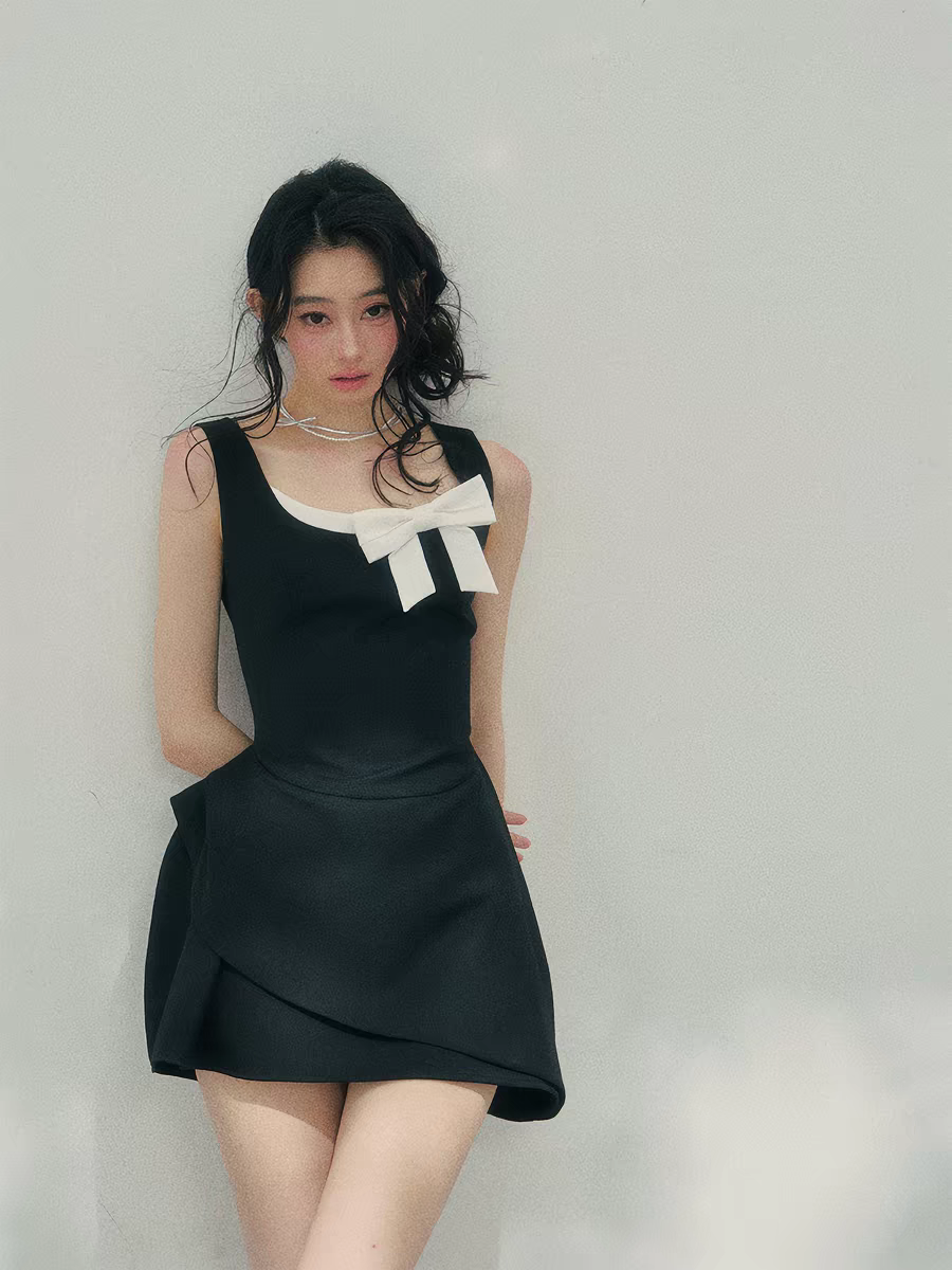 리본 미니 웨딩드레스 블랙 핑크 셀프웨딩 졸업사진 브라이덜 파티 원피스 스냅촬영룩 - 상세 이미지 3
