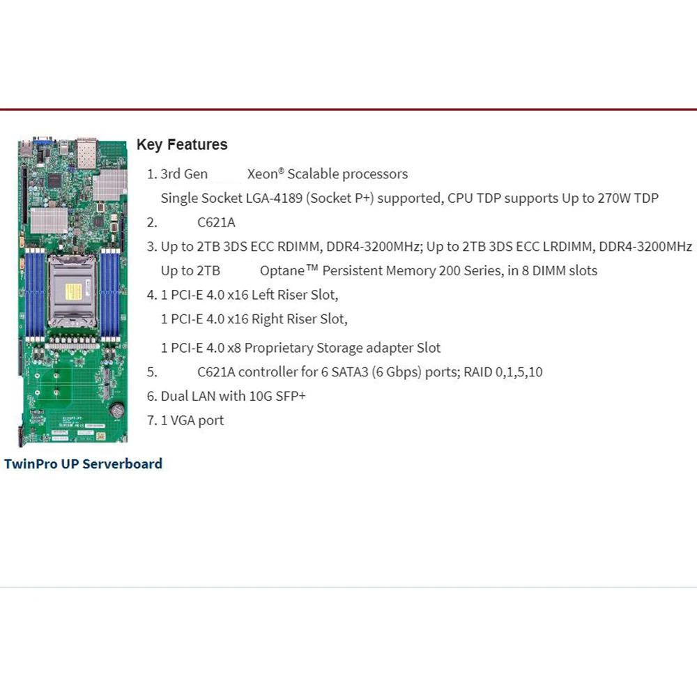슈퍼마이크로 서버 마더보드 X12SPT-PTLGA-4189 2TB 3DS DDR4-3200MHz C621A 6XSATA 3
