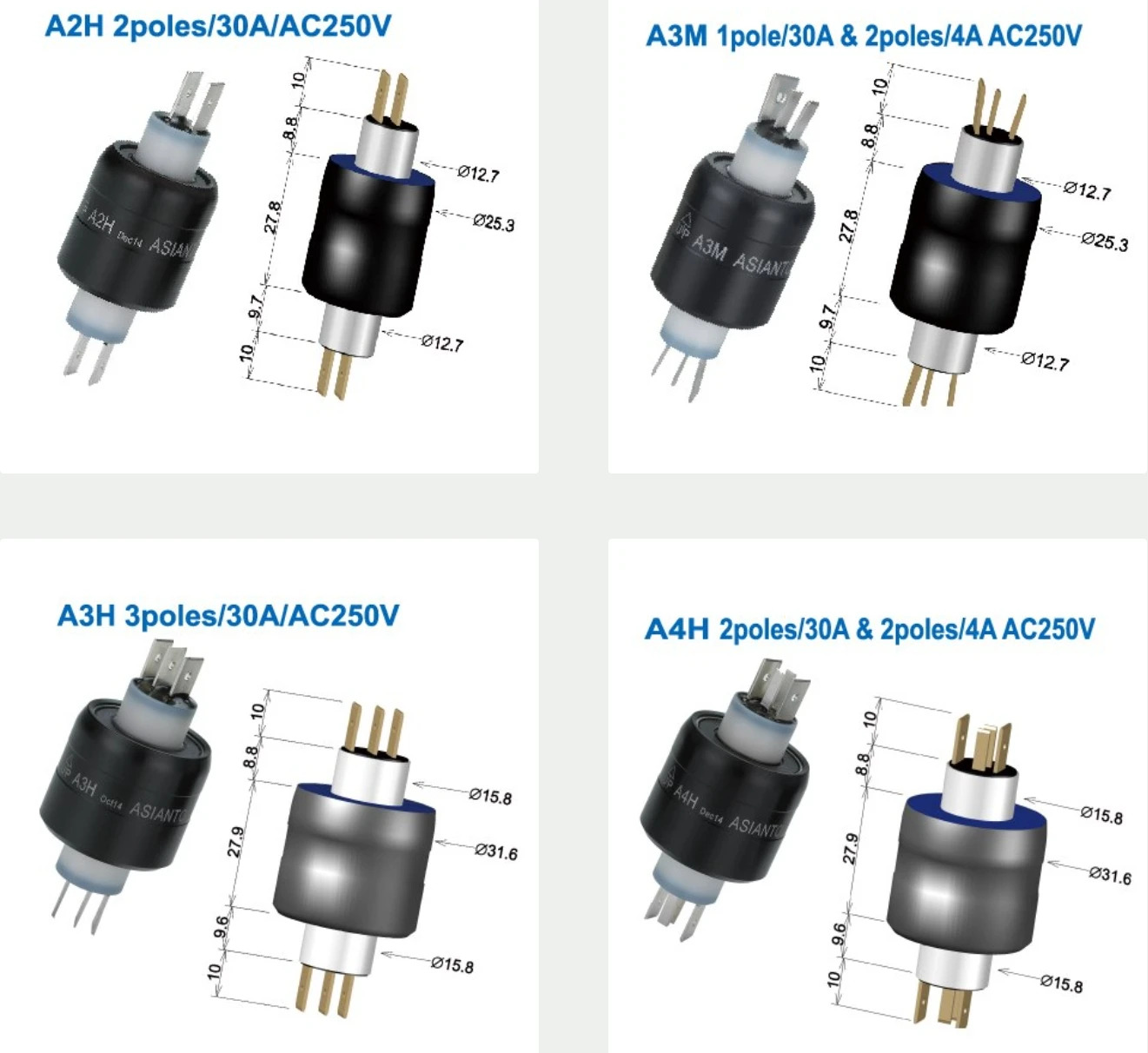 x실제 x Asiantool A2H 오리지널 전기 회전 커넥터 2극/30A/AC250V