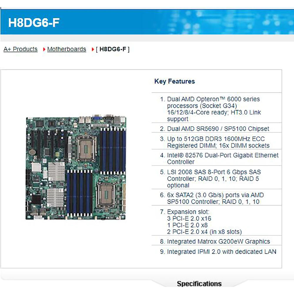 Supermicro 서버 마더보드듀얼 Opteron 6000 시리즈 프로세서 DDR3 LSI 2008 SAS 8포트 6Gbps 컨트롤러 H8DG6-F