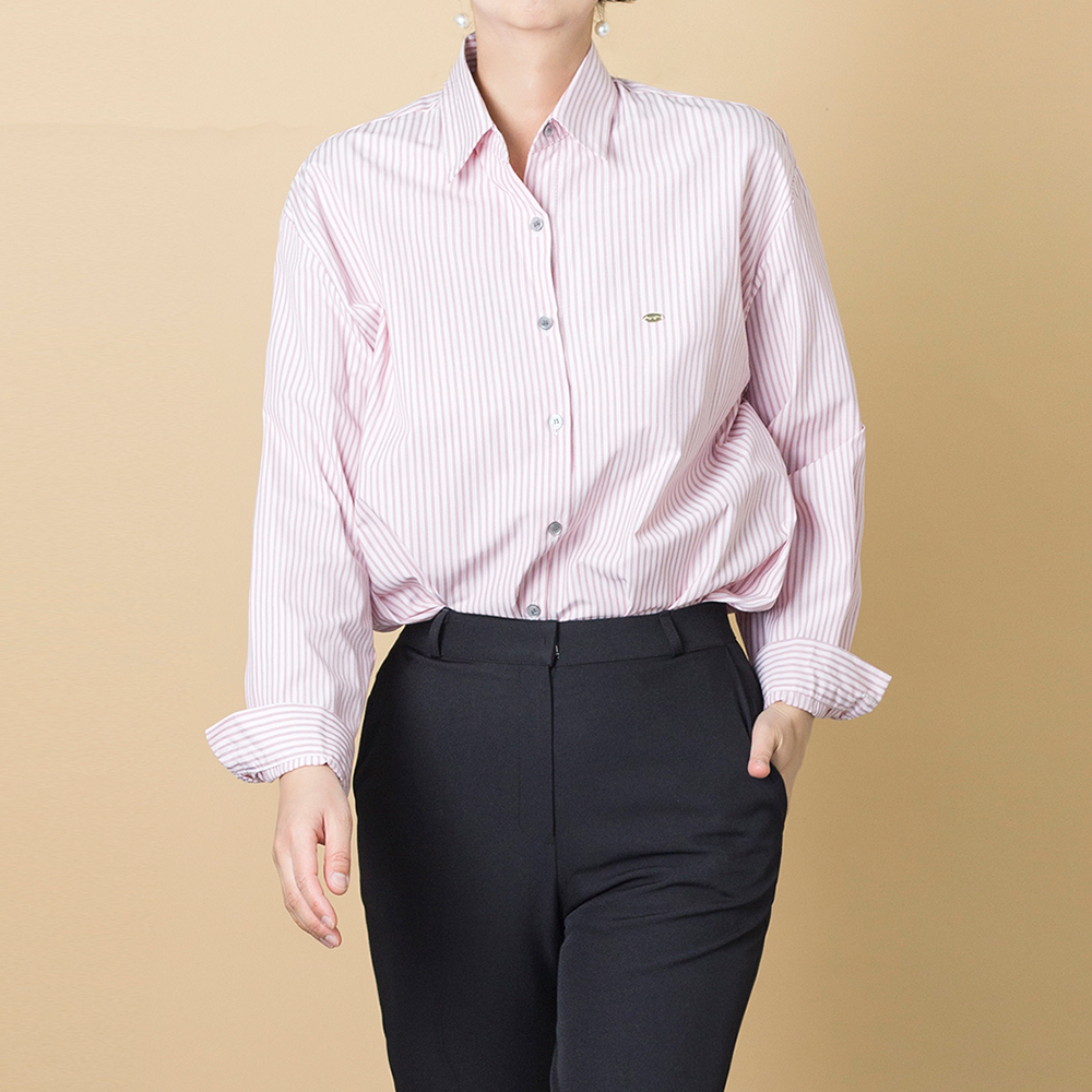 여성 스트라이프 셔츠 세미 오피스룩 긴팔 남방 비즈니스 캐주얼 루즈핏 출근룩 - 상품 이미지