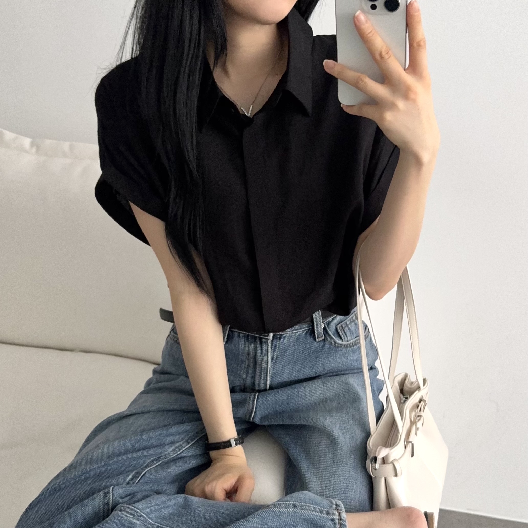 썸머 카라넥 루즈핏 히든버튼 밑단굴림 소매사선 팔뚝컷팅 군살커버 남방 반팔셔츠 - 상세 이미지 5