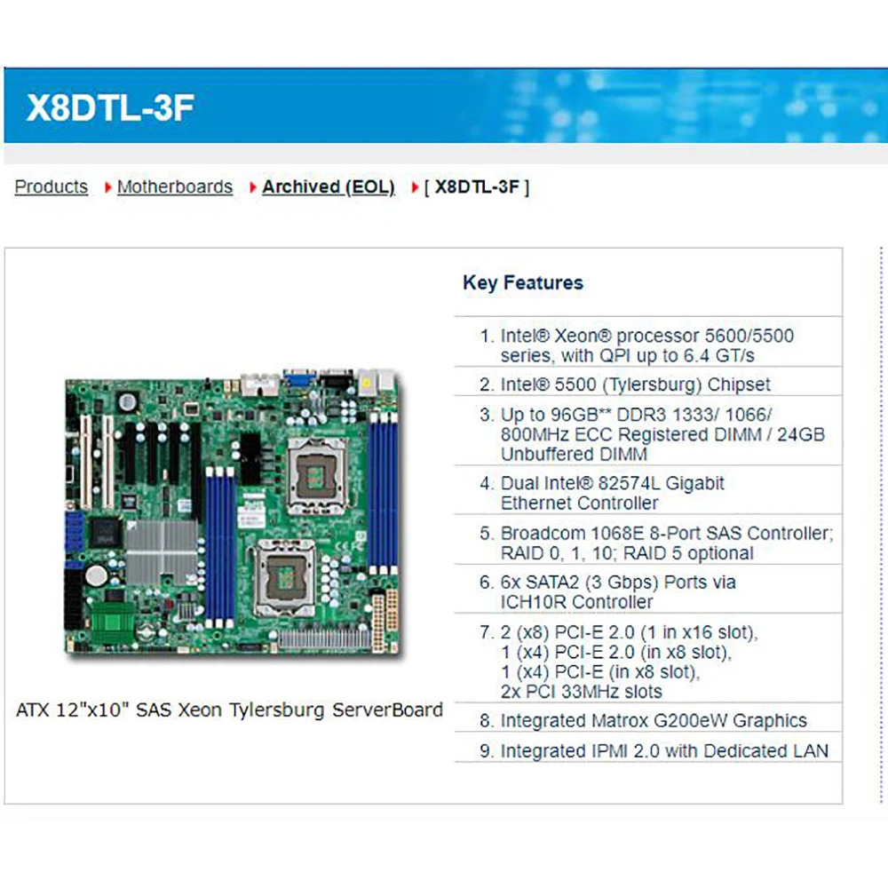 Supermicro 서버 마더보드 프로세서 5600/5500 시리즈 SATA2 PCI-E 2.0 통합 IPMI DDR3 X8DTL-3F