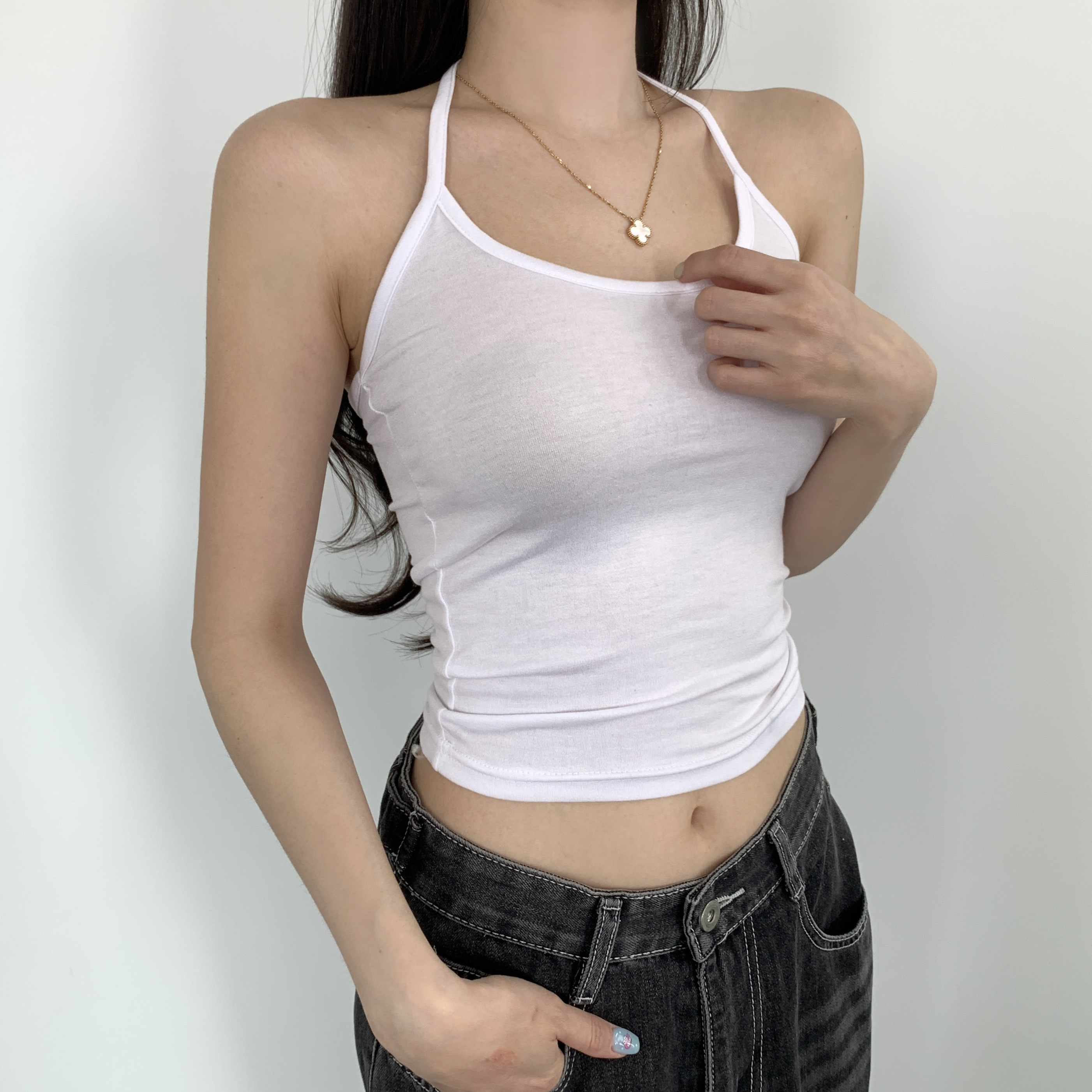 부유방커버 베이직 이너 뷔스티에 기본나시 세미 크롭 스판 골지 민소매 이미지 7
