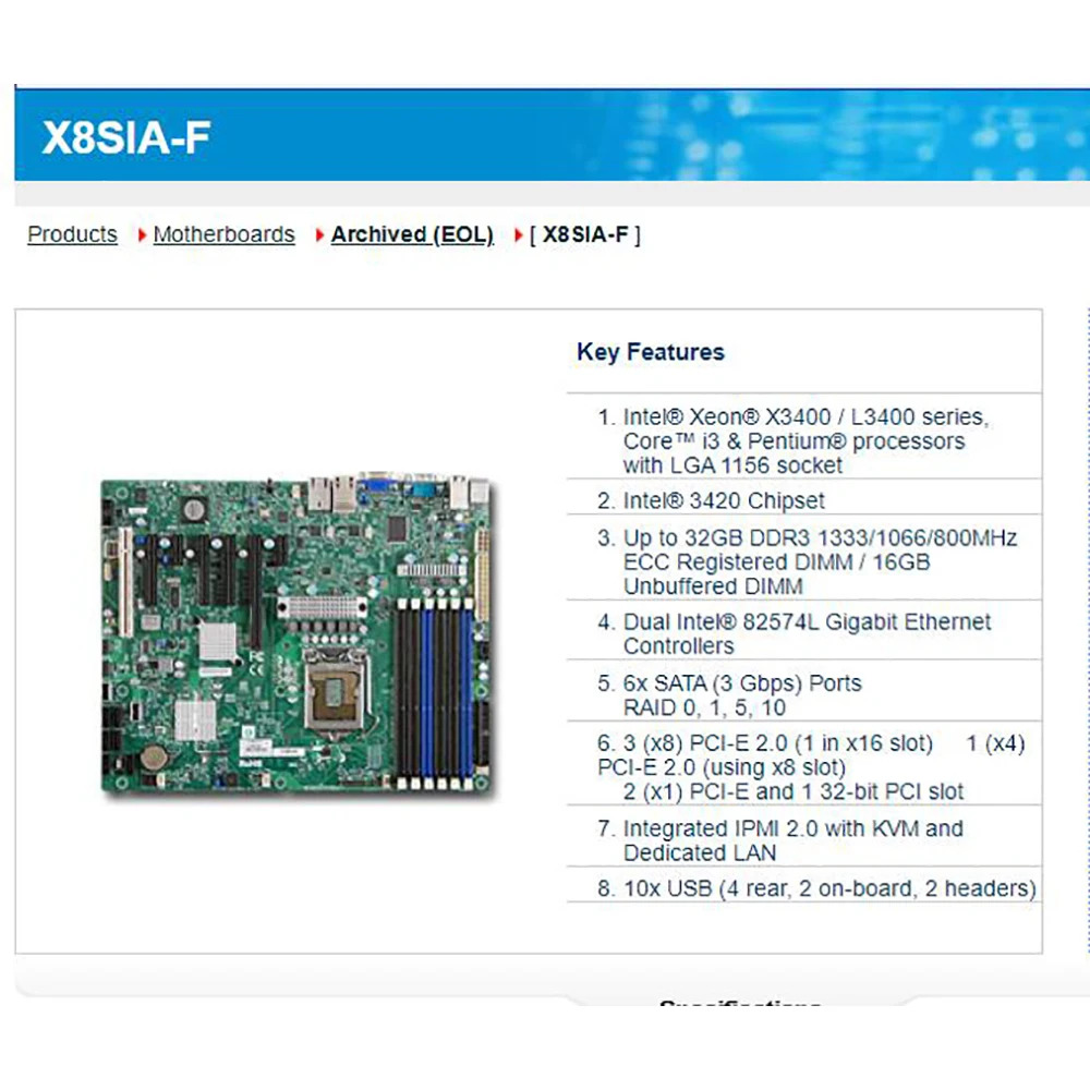 Supermicro 마더보드 Xeon X3400 / L3400 시리즈코어 i3 PCI-E 2.0 DDR3 X8SIA-F