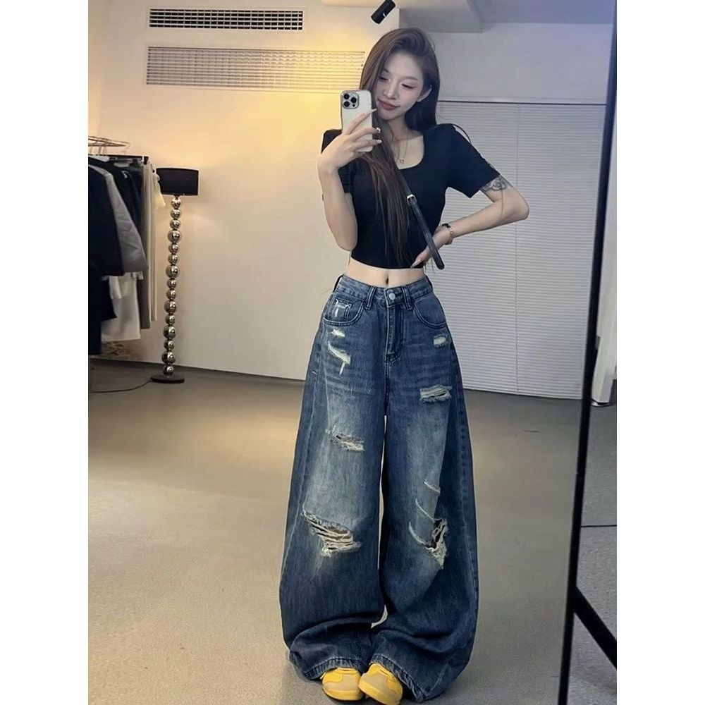 청바지 여성 스판 슬랙스 데님 일자 빅사이즈 바지 여름 밴딩 플레어 팬츠 와이드 여자 가을 블루 M - 상품 이미지
