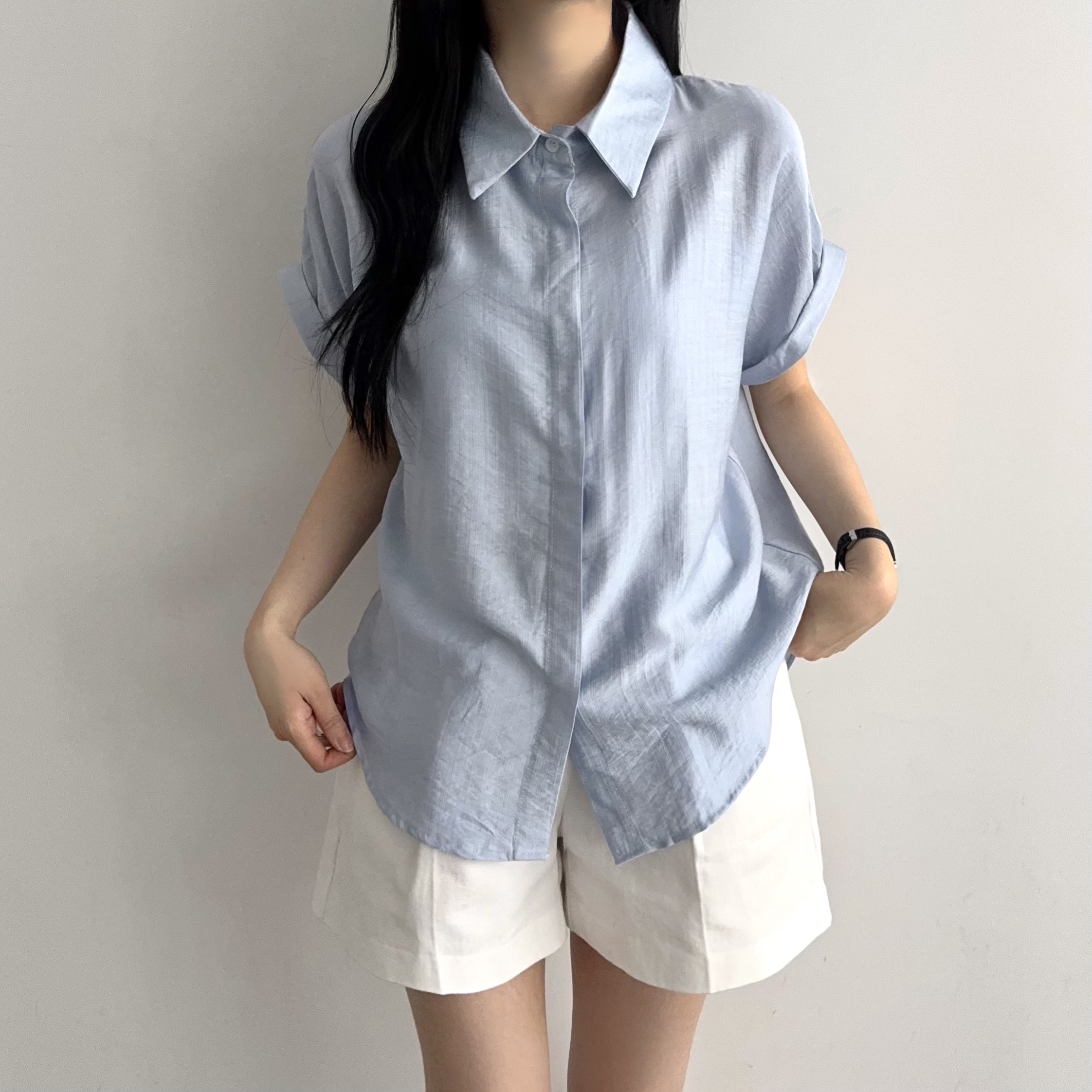 썸머 카라넥 루즈핏 히든버튼 밑단굴림 소매사선 팔뚝컷팅 군살커버 남방 반팔셔츠 - 상세 이미지 3