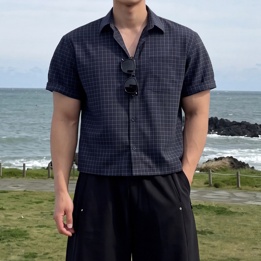 남자반팔남방 남성여름체크남방 - 상품 이미지