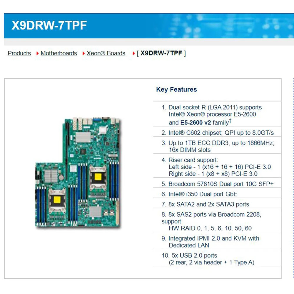 Supermicro 서버 마더보드 지원 E5-2600 V1 V2 군 16x DIMM SATA3 SAS2 LGA2011 DDR3 X9DRW-7TPF