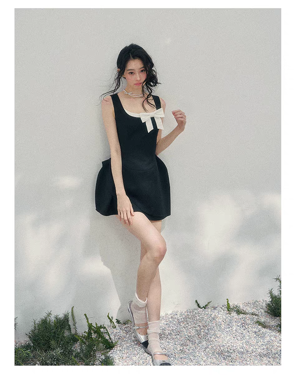 리본 미니 웨딩드레스 블랙 핑크 셀프웨딩 졸업사진 브라이덜 파티 원피스 스냅촬영룩 - 상세 이미지 4