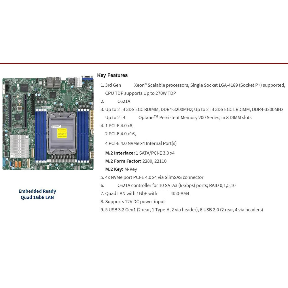 슈퍼마이크로 서버 마더보드 X12SPM-LN4FM- DDR4-3200MHz C621A LGA-4189 10XSATA 3