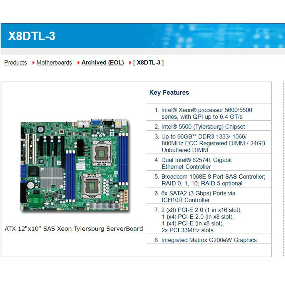 Supermicro 서버 마더보드 Xeon 프로세서 5600/5500 시리즈 SATA2 PCI-E 2.0 통합 Matrox G200eW 그래픽 DDR3 X8DTL-3