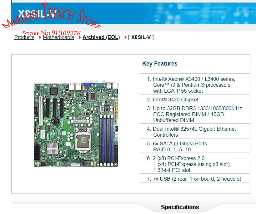 슈퍼마이크로 마더보드X8SIL-V LGA 1156 Xeon X3400 / L3400 시리즈 코어 i3 DDR3