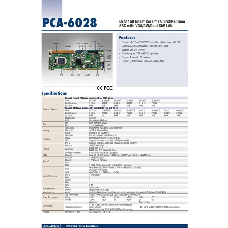 Advantech 산업제어 마더보드 단일 네트워크 카드 PCA-6028 PCA-6028VG-00A1E PCA-6028VG LGA1150 H81