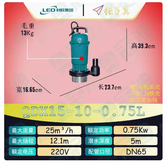 LEO QDX 소형 수펌프 단상 220V 알루미늄 쉘 QDX15-10-0.75L QDX1.5-32-0.75L QDX25-6-0.75L QDX15-14-1.1L