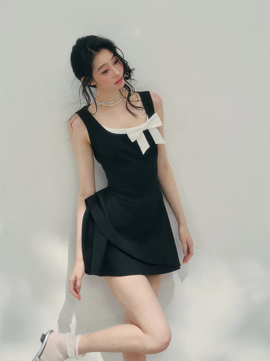 리본 미니 웨딩드레스 블랙 핑크 셀프웨딩 졸업사진 브라이덜 파티 원피스 스냅촬영룩 - 상세 이미지 2