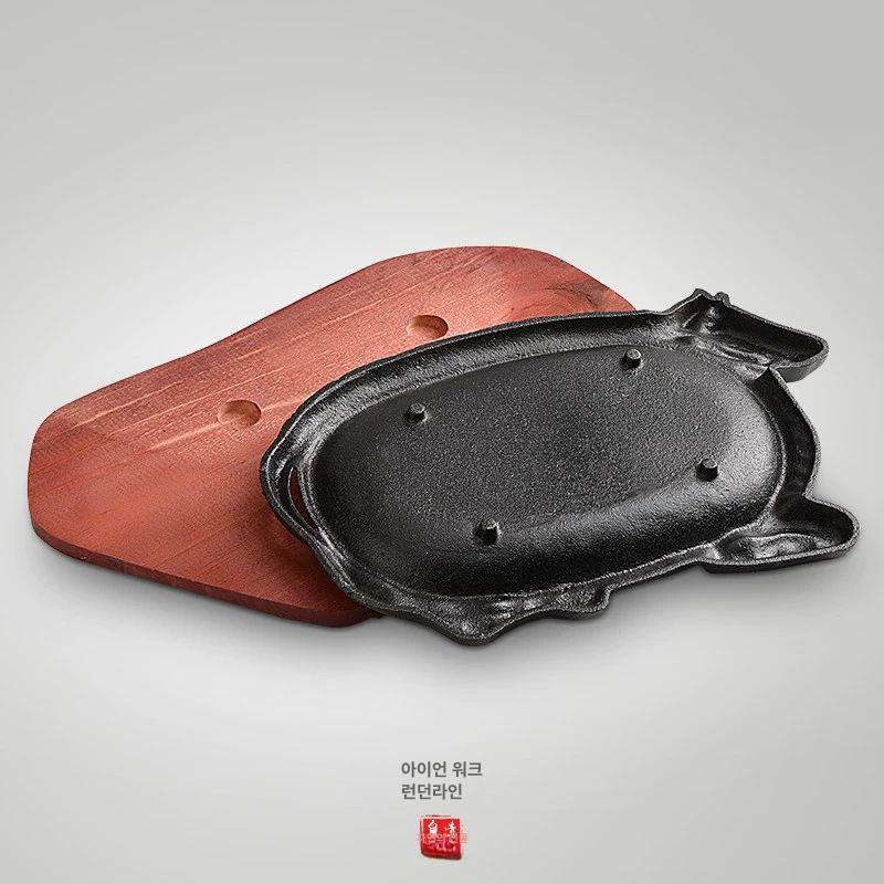 정사각 업소용철판 타원형 무쇠팬 스테이크철판 맥반석 주물세트 목판받침대 고기철판 - 상세 이미지 4