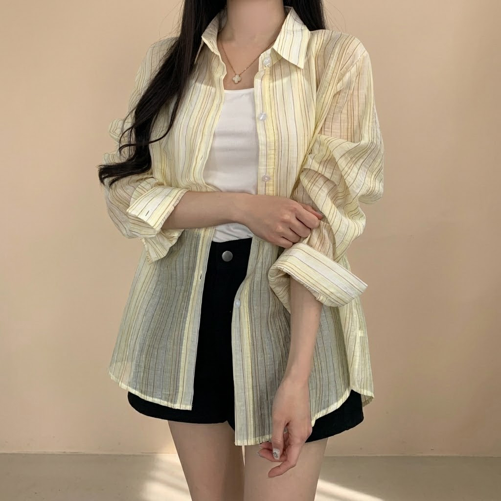 여름 루즈핏 스트라이프 오버핏 셔츠 쿨 줄무늬 남방 긴팔 카라셔츠 - 상품 이미지