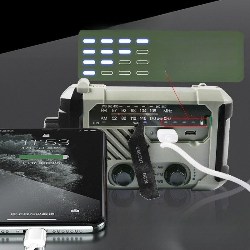충전 태양광 랜턴 수동식 핸드크랭크 다기능 휴대용 AM FM WB 라디오 손전등 싸이렌 - 상세 이미지 3