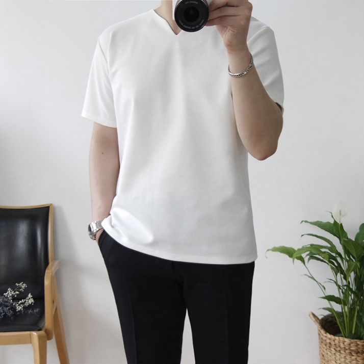남자 V트임 헨리넥 반팔 티셔츠 ~5XL(빅사이즈) 제품 이미지