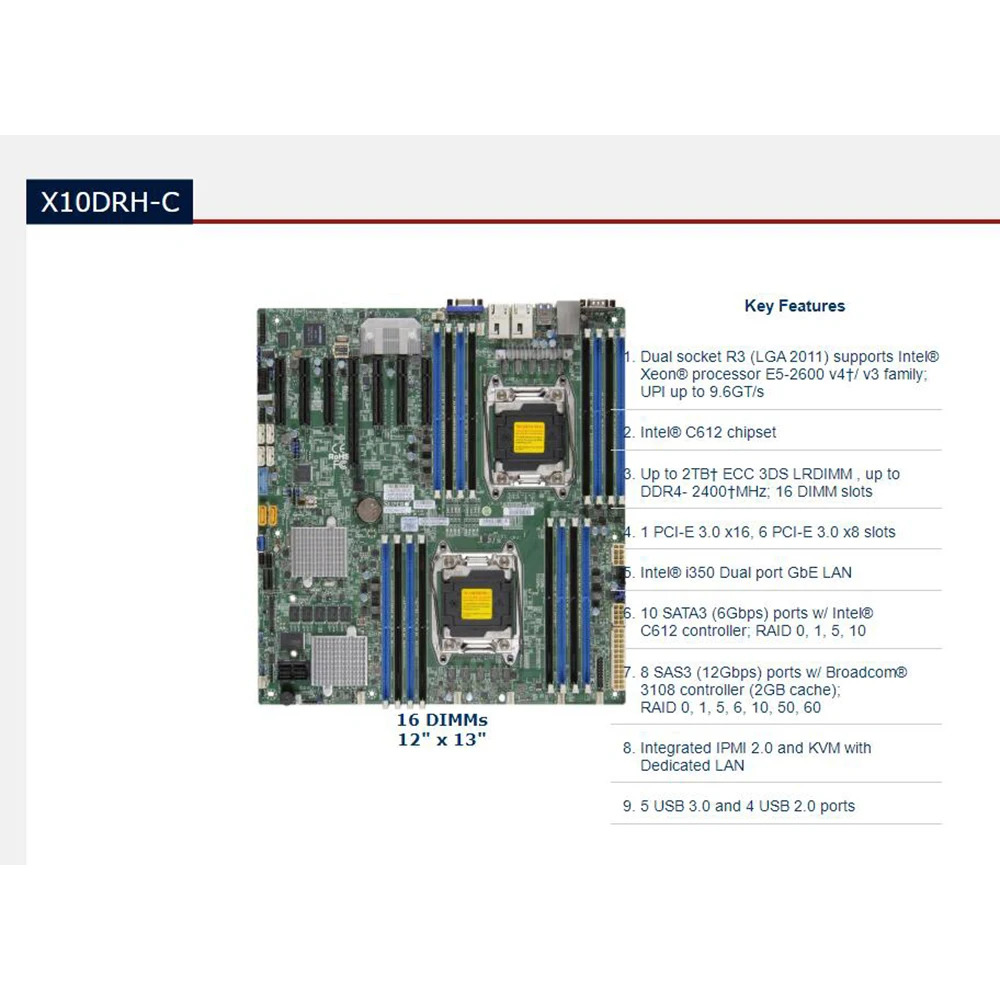 서버 마더보드 E5-2600 v4/v3 군 듀얼 포트 GbE LAN SAS312Gbps IPMI 2.0 LGA2011 DDR4 X10DRH-C