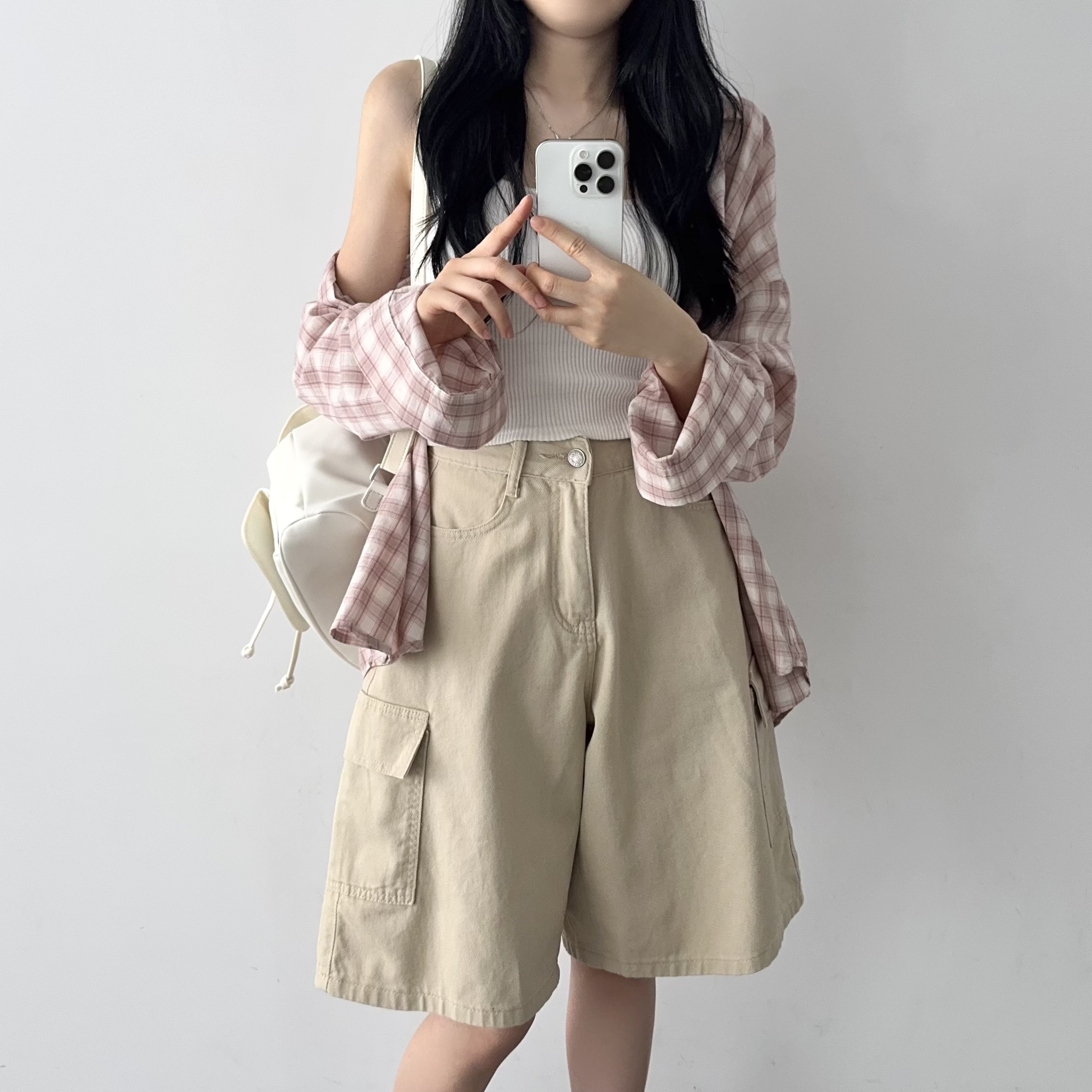 하이웨스트 카고 주머니 5부 와이드 코튼팬츠 버뮤다 반바지 면바지 이미지 8