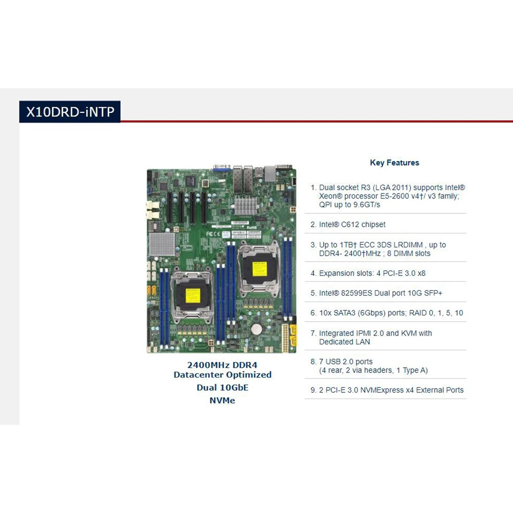 Supermicro 마더보드 지원 E5-2600 V4/V3 군 프로세서 듀얼 포트 10G SFP LGA2011 DDR4 X10DRD-iNTP