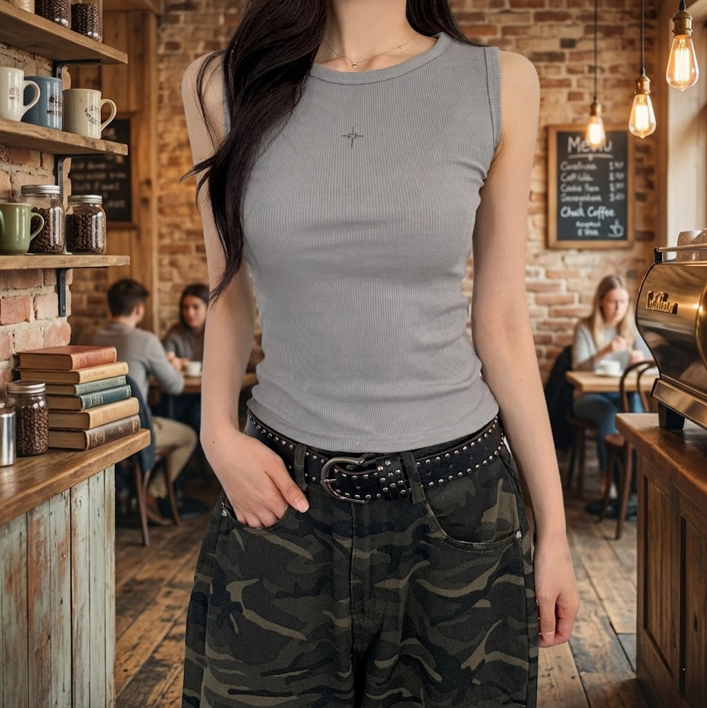 라운드넥 바이어스 골지 엔젤 프린팅 베이직 이너 기본 민소매 나시 - 상세 이미지 3