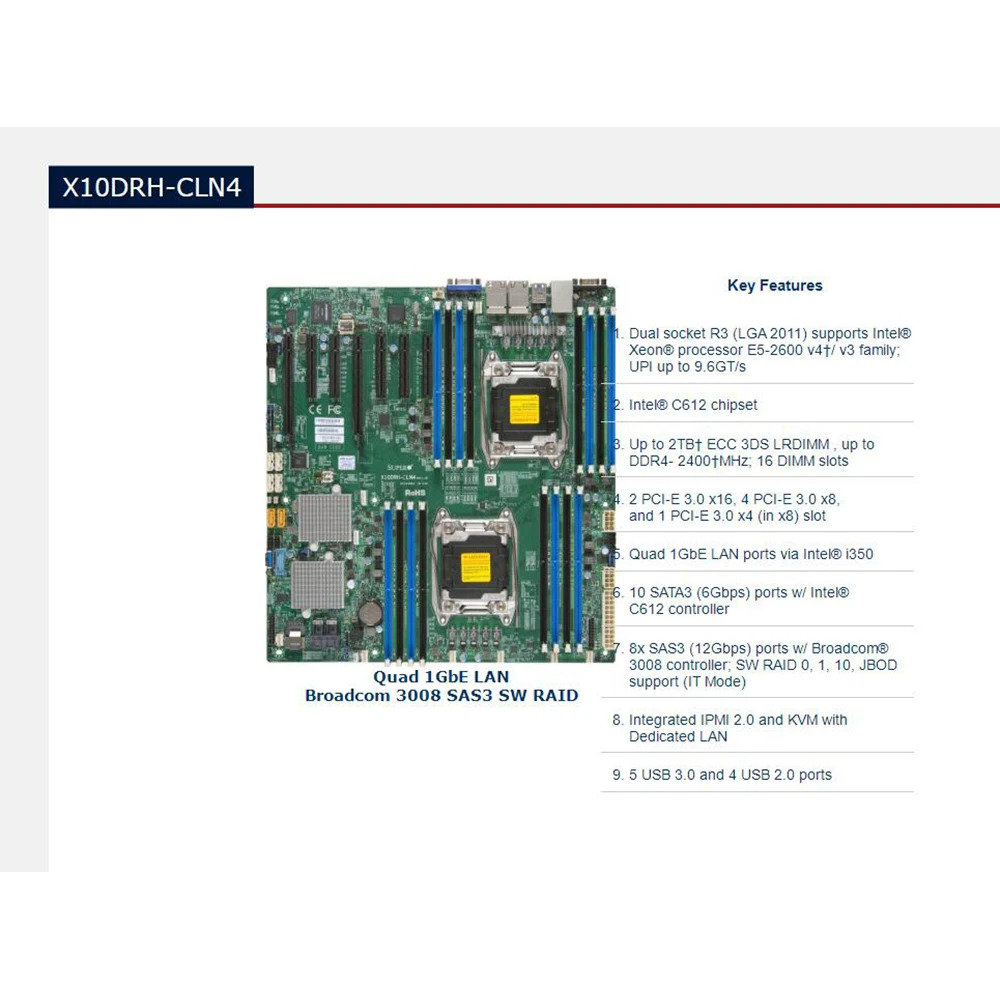Supermicro 서버 마더보드 E5-2600 v4/v3 군 쿼드 1GbE LAN SAS312Gbps LGA2011 DDR4 X10DRH-CLN4용