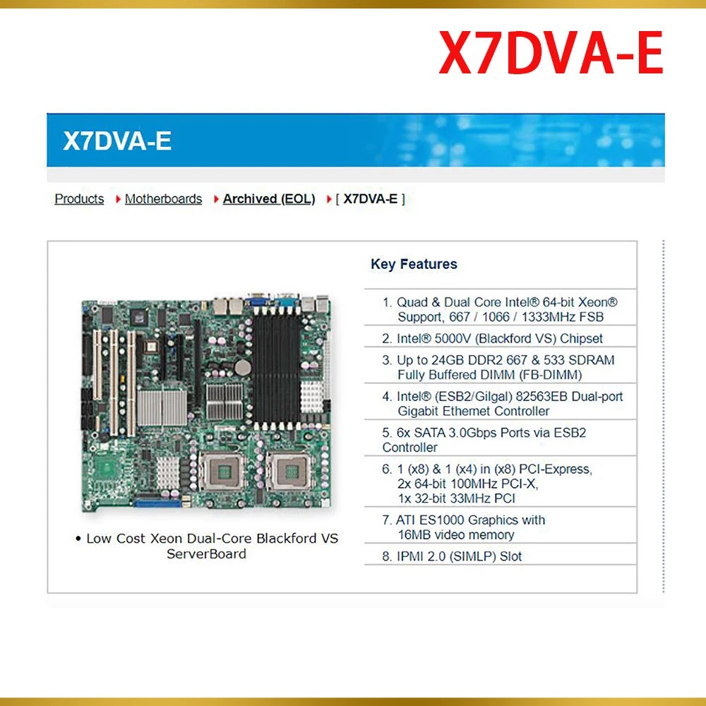 Supermicro 마더보드 쿼드 듀얼 코어 64비트 Xeon SATA 3.0Gbps DDR2 X7DVA-E용