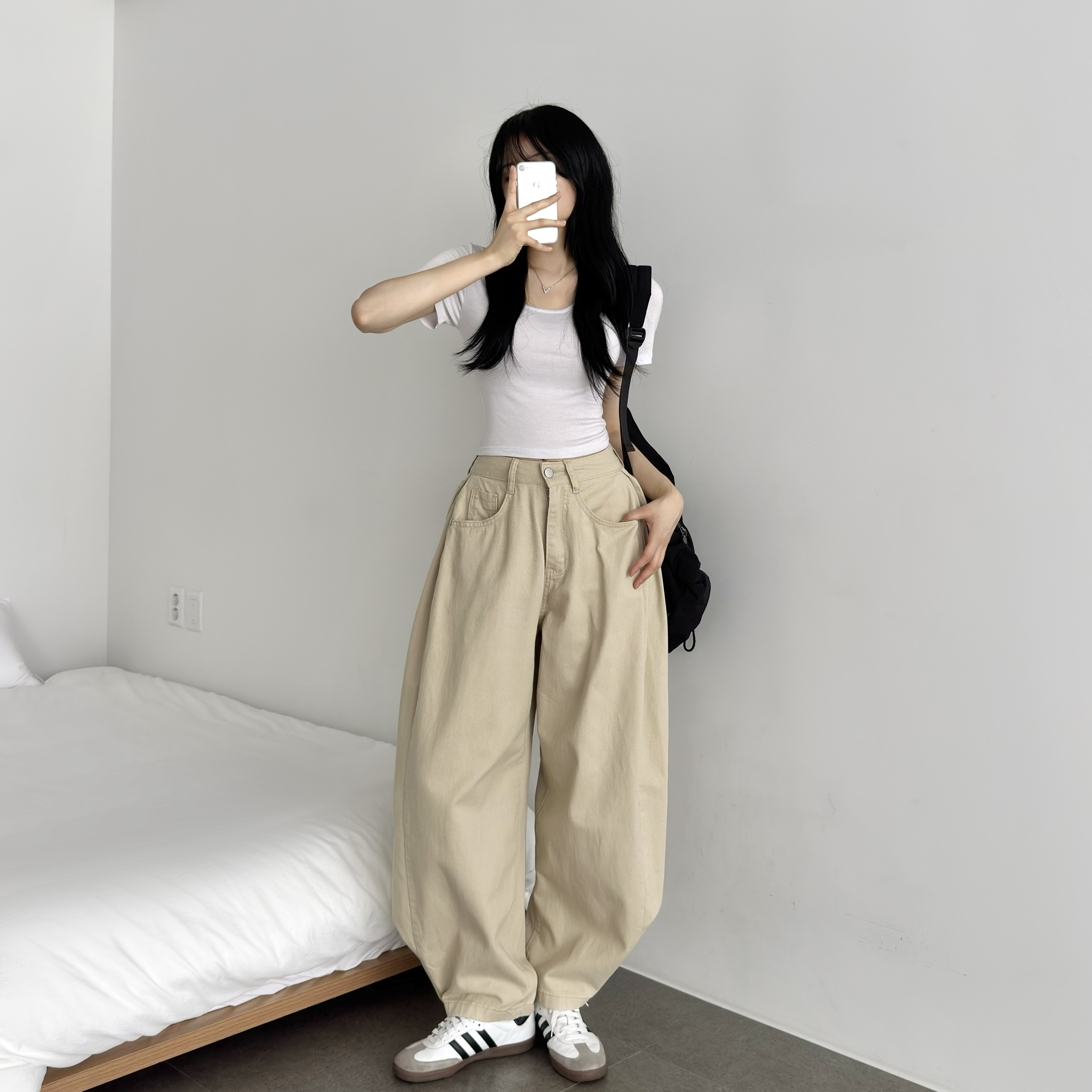 사이즈선택 하이웨스트 조거 와이드 벌룬핏 사이드 핀턱 롱 면바지 스냅버튼 코튼팬츠 - 상세 이미지 2