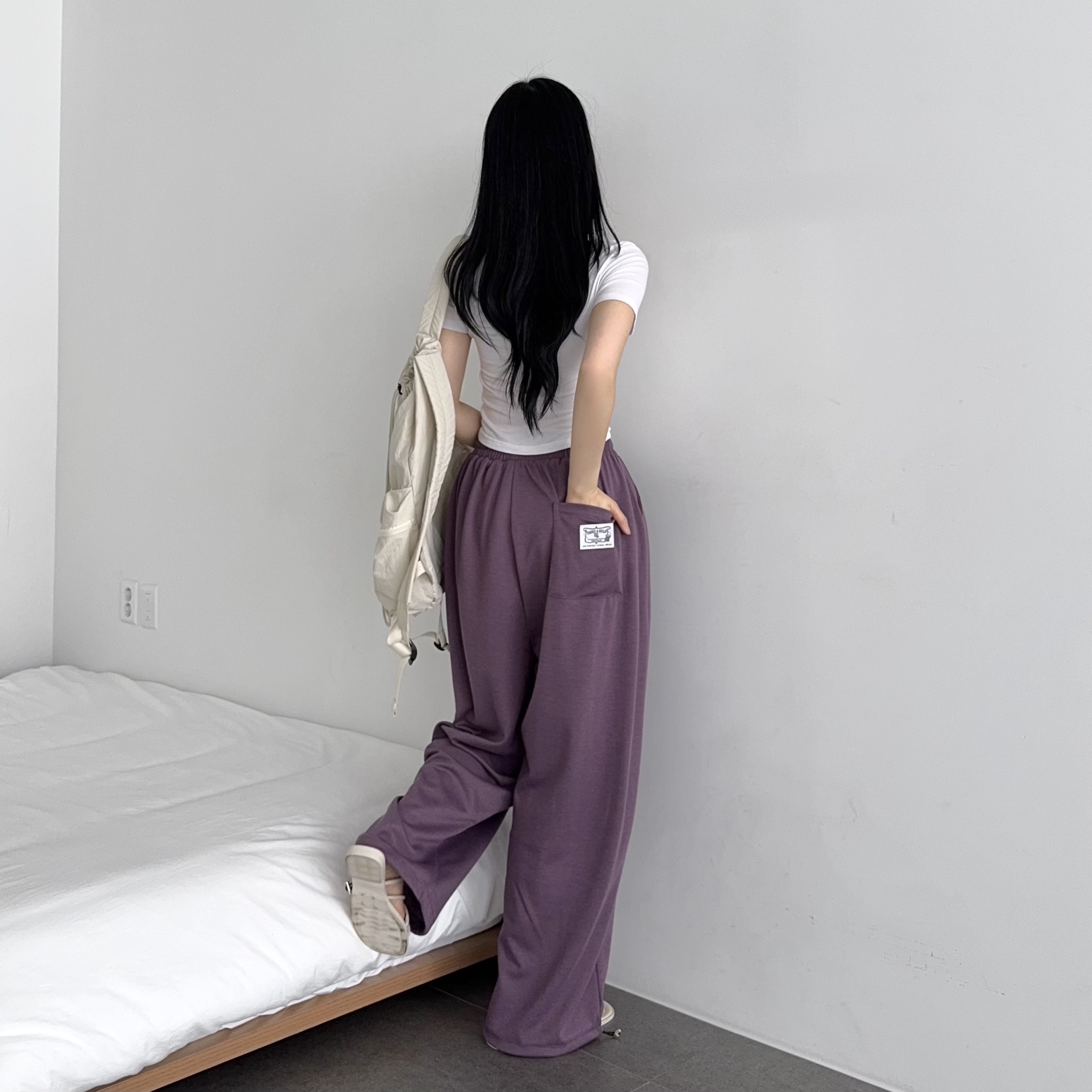 썸머 쿨 밴딩 스트랩 전면 핀턱 패치포인트 와이드 밑단 스트링 롱 팬츠 - 상세 이미지 5