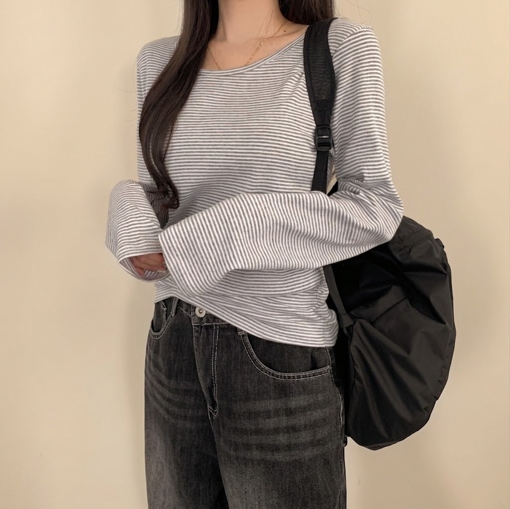 랍빠 라운드넥 치즈 단가라 롱소매 베이직 넉넉루즈핏 긴팔 티셔츠 - 상품 이미지