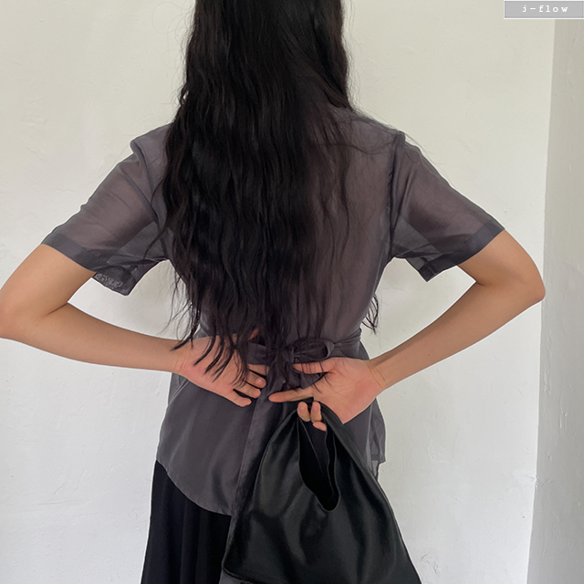 크젠 카라 꼬임랩 시스루 반팔 블라우스 4col 봄 여름 오간자 셔츠 루즈핏 제이플로우 - 상세 이미지 5