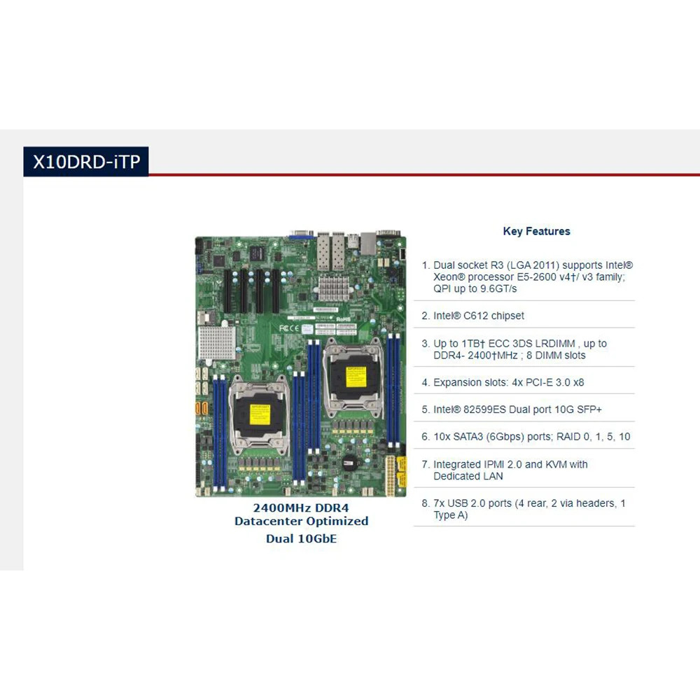 Supermicro 서버 마더보드 E5-2600 v4/v3 군 프로세서 듀얼 포트 10G SFP LGA2011 DDR4 X10DRD-iTP