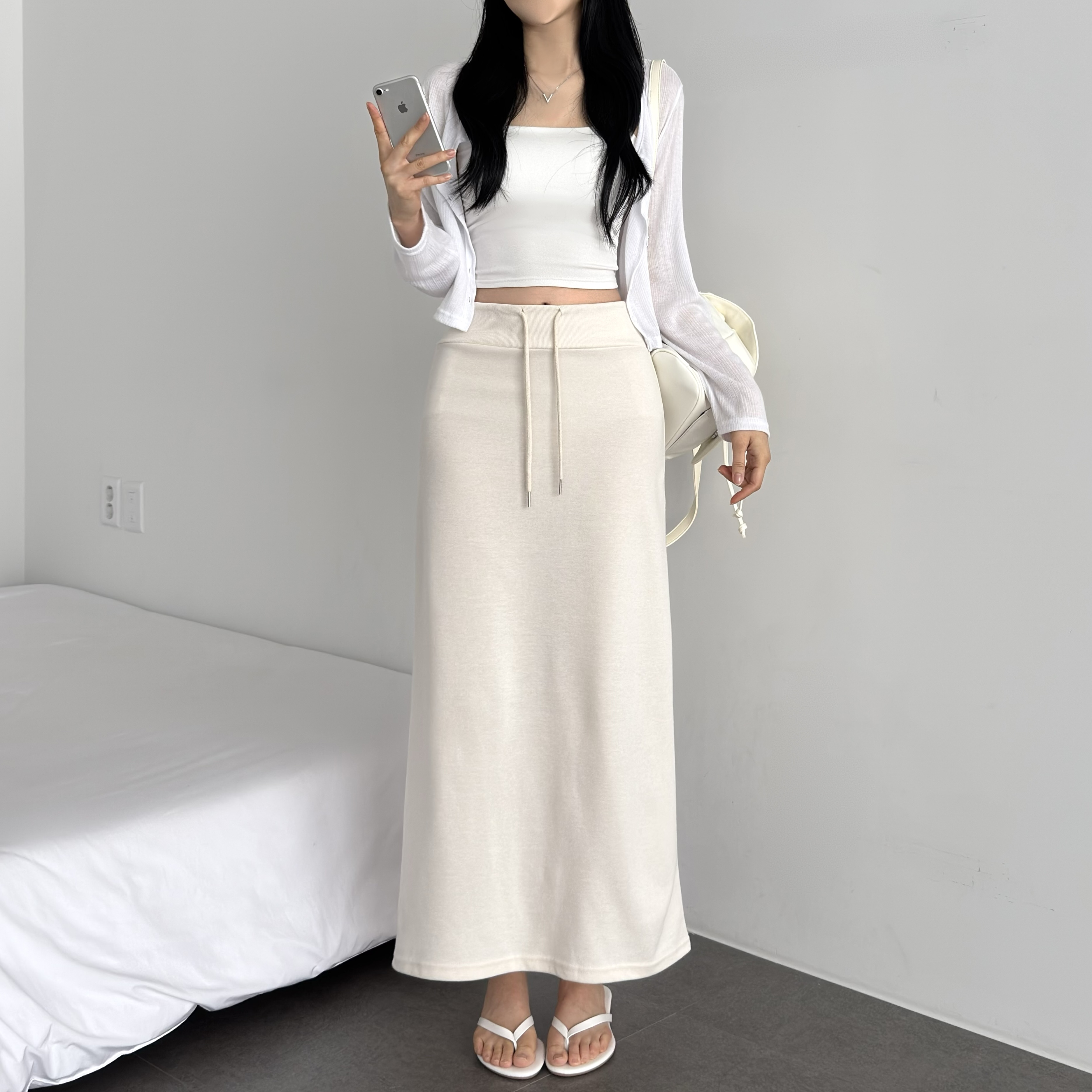 하이웨스트 도톰밴딩 시보리 뱃살커버 A핏 H라인 롱 스커트 트레이닝치마 - 상세 이미지 5