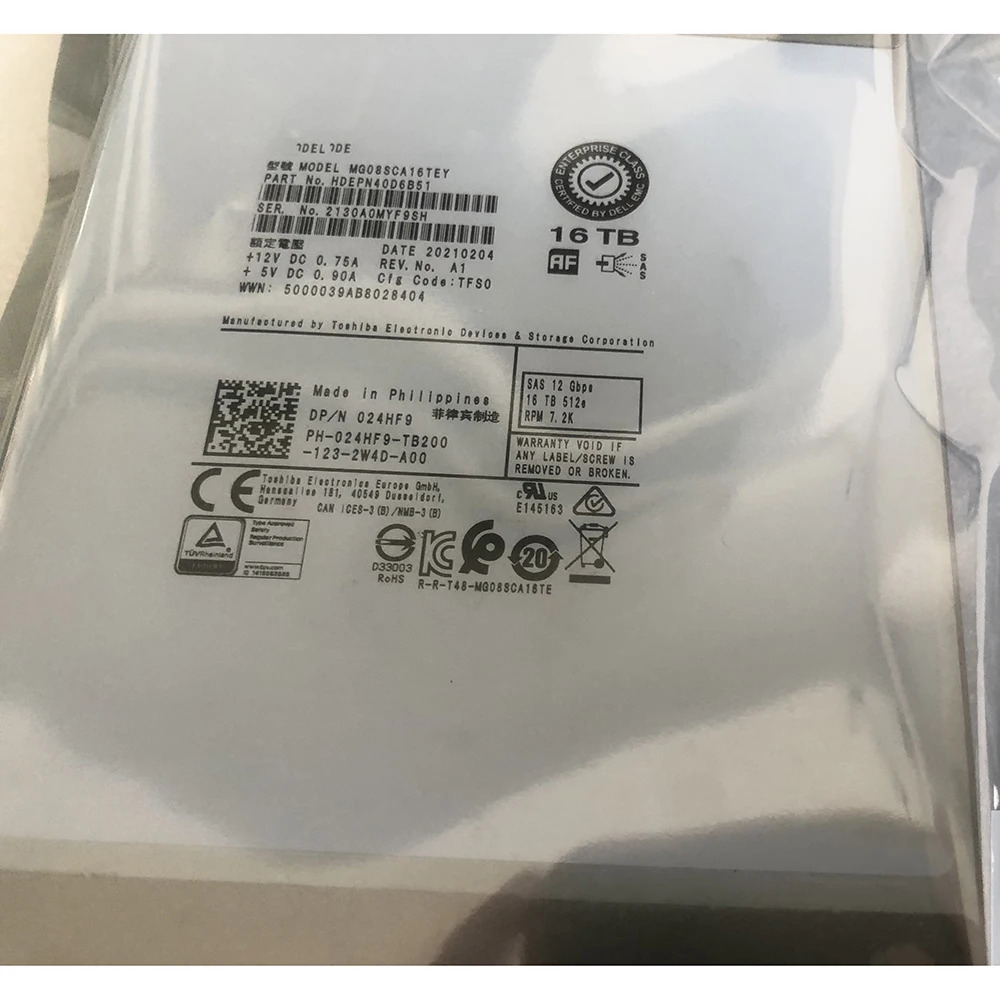 델 R730 R740 SAS 12G 3.5인치 24HF9 024HF9 MG08SCA16TEY 서버 HDD16T