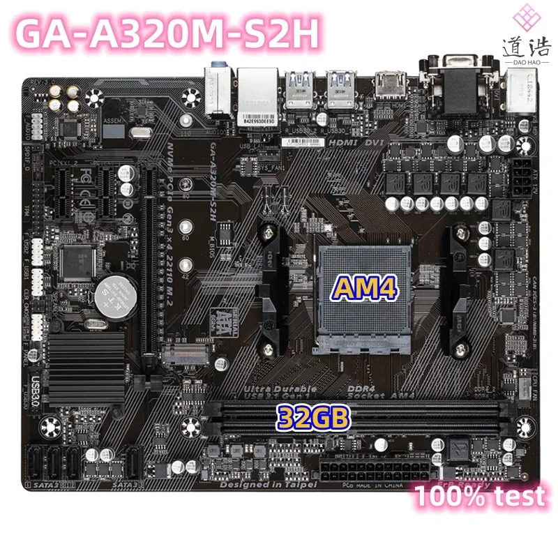Fo GA-A320M-S2H 마더보드 32GB VGA DVI HDMI M.2 AM4 DDR4 A320 메인보드 완전 WorkMA 리퍼