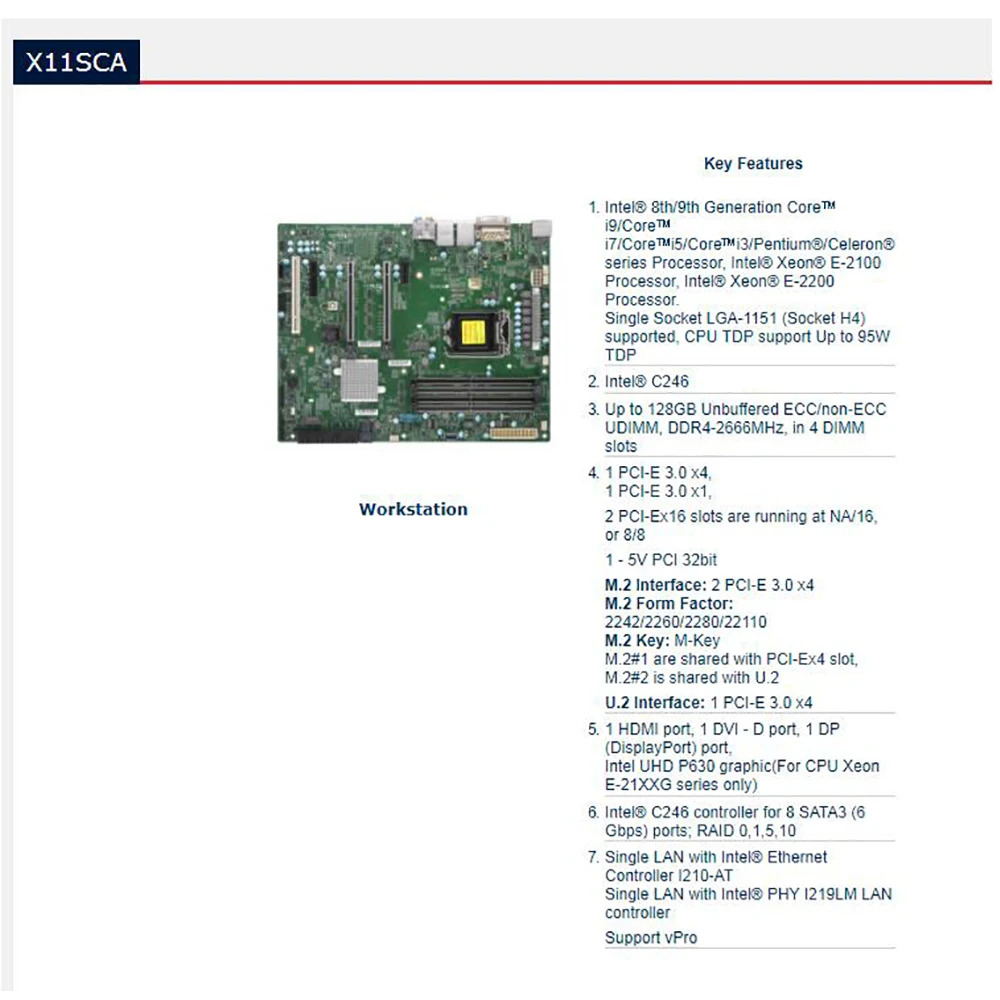 Supermicro 워크스테이션 마더보드 LGA-1151 DDR4 8/대 코어 i3/i5/i7/i9 E-2100/E-2200 시리즈 PCI-E 3.0 X11SCA용