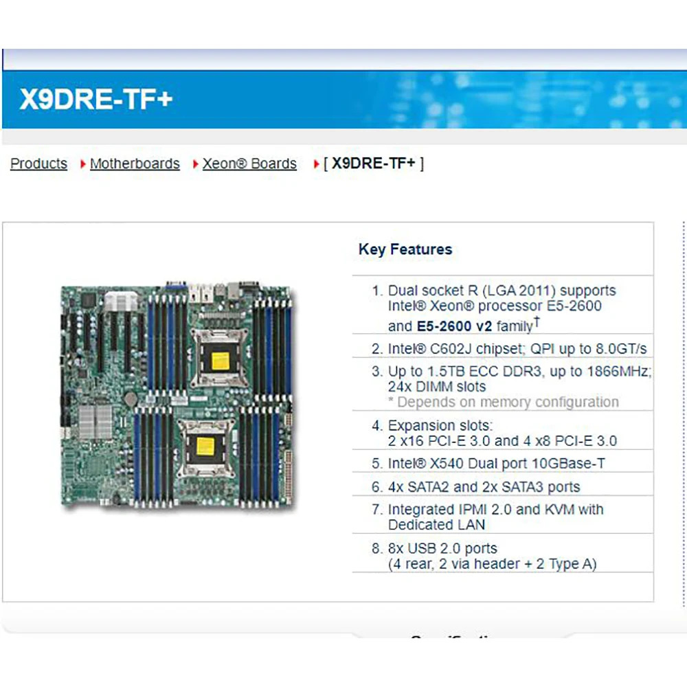 Supermicro 서버 마더보드 E5-2600 V1/ V2 군 ECC LGA2011DDR3 2 x16 PCI-E 3.0 4 x8 X9DRE-TF