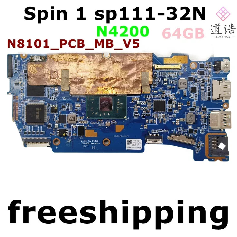 N8101PCBMBV5 Acer Spin 1 Sp111-23N 노트북 마더보드 NBGRM11003 N4200 CPU 64GB 메인보드 완전 작동 리퍼