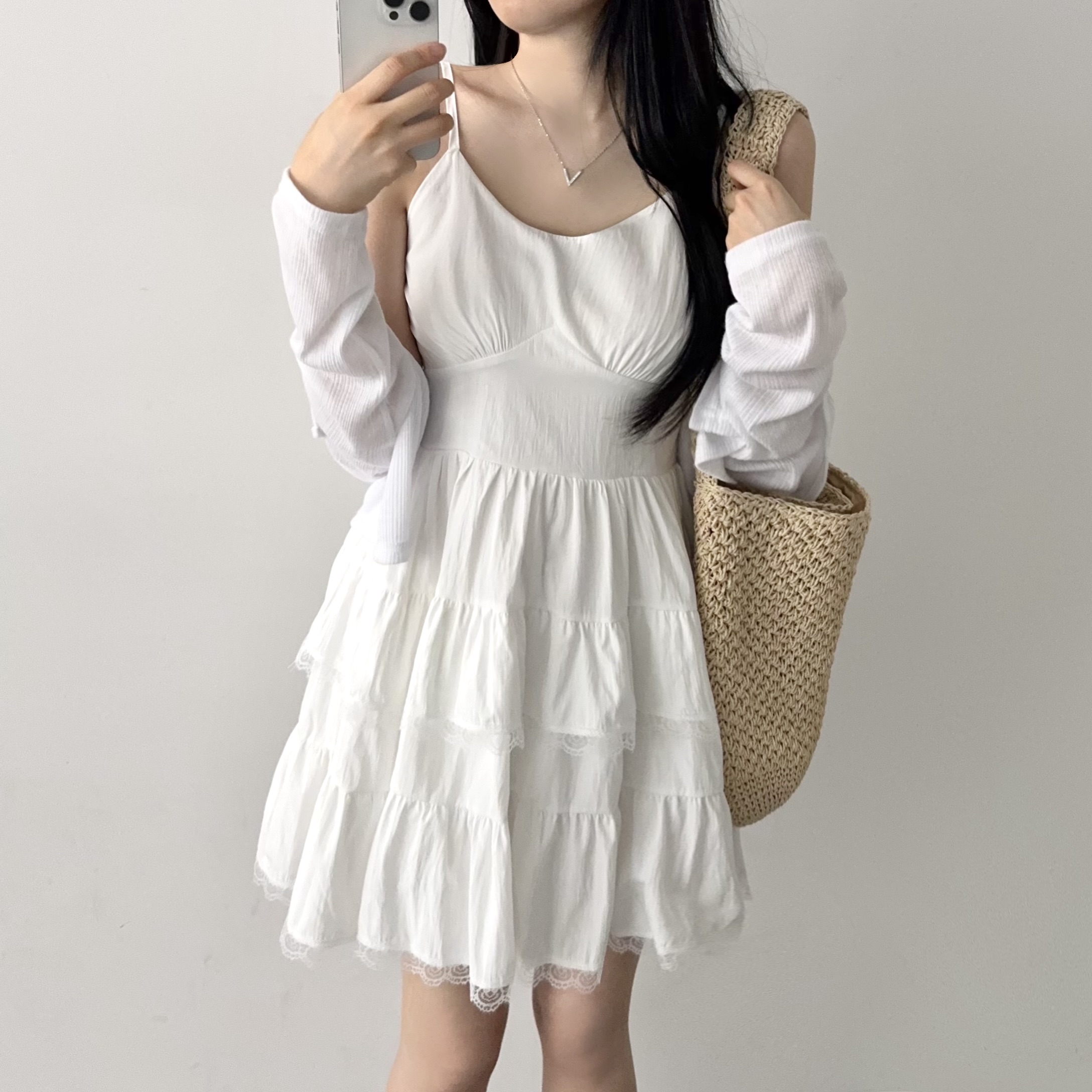 스퀘어넥 캉캉 플레어 A라인 레이어드 여리핏 나시 미니 원피스 이미지 6